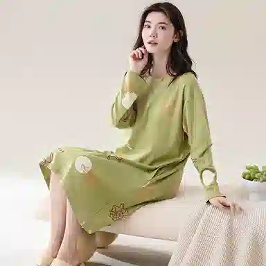 歌倩雅 纯棉长袖中长款睡裙 女款 绿色