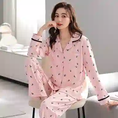 歌倩雅 满印简约翻领开衫长袖长裤可外穿睡衣套装 女款 粉色