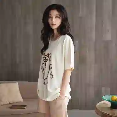 歌倩雅 短袖薄款可外穿圆领睡衣套装 女款 米白色