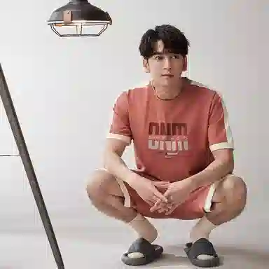 歌倩雅 休闲圆领短袖上衣松紧腰短裤睡衣套装 男款 粉色