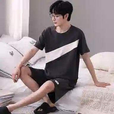 歌倩雅 圆领简约透气上衣松紧腰短裤睡衣套装 男款 黑色