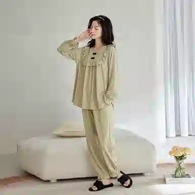 歌倩雅 圆领长袖上衣松紧腰长裤睡衣套装 女款 浅豆绿