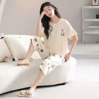 歌倩雅 短袖七分裤可爱甜美睡衣套装 女款 杏色