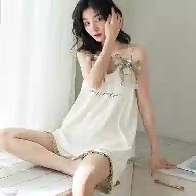 歌倩雅 自带胸垫无袖套头吊带上衣舒适松紧短裤睡衣套装 女款 白色