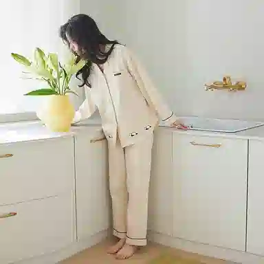 歌倩雅 简约休闲翻领长袖上衣松紧腰长裤睡衣套装 女款 米色