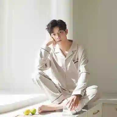 歌倩雅 熊猫印花贴袋古巴领长袖长裤可外穿睡衣套装 男款