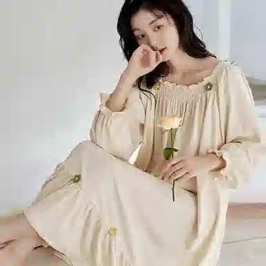 歌倩雅 清新甜美可外穿长袖睡裙 女款 浅杏