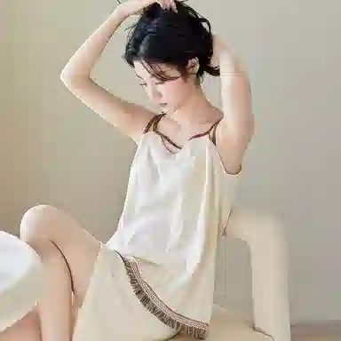 歌倩雅 薄款简约无袖上衣休闲凉感短裤睡衣套装 女款 米色