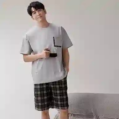 歌倩雅 休闲圆领套头短袖上衣松紧腰格子短裤睡衣套装 男款 灰色