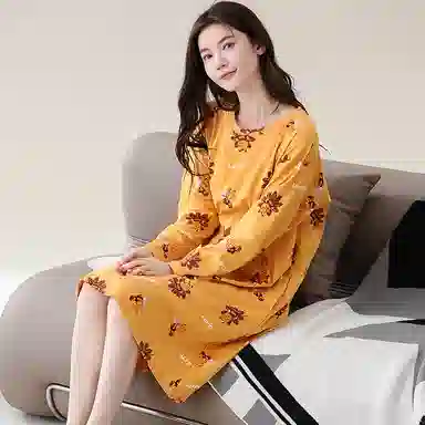 歌倩雅 纯棉长袖可外穿韩版中长款睡裙 女款 黄色