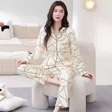 歌倩雅 简约亲肤舒适翻领开衫长袖洋气休闲可外穿长裤睡衣套装 女款 杏色