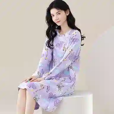 歌倩雅 长袖中长款套头卡通睡裙 女款 图片色
