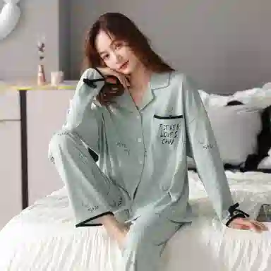 歌倩雅 简约亲肤舒适开衫小翻领长袖休闲可外穿长裤睡衣套装 女款 图片色