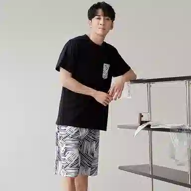 歌倩雅 圆领宽松上衣松紧腰短裤睡衣套装 男款 黑色