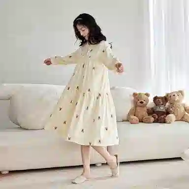 歌倩雅 简约可外穿长裤套头休闲长袖睡裙 女款 浅杏