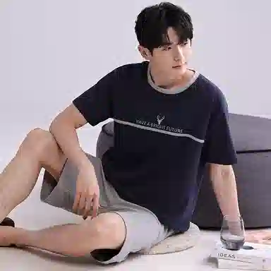 歌倩雅 字母印花纯棉薄款短袖短裤睡衣套装 男款