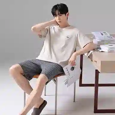 歌倩雅 薄款休闲舒适短袖五分裤可外穿睡衣套装 男款 图色