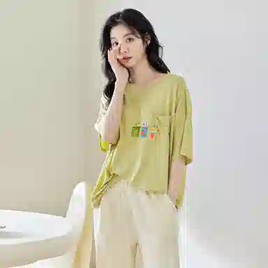 歌倩雅 薄款时尚简约圆领短袖松紧腰长裤睡衣套装 女款 淡黄