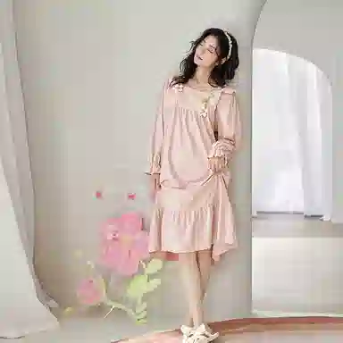 歌倩雅 甜美可爱方领中长款长袖睡裙 女款