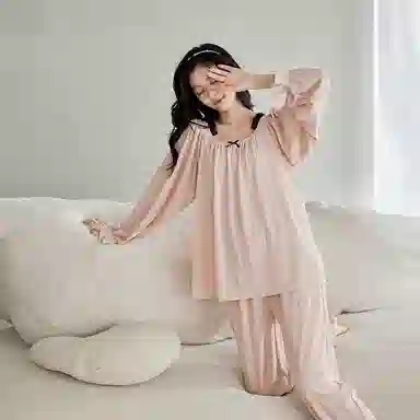 歌倩雅 纯色圆领设计气质时尚长袖上衣长裤睡衣套装 女款 粉红色