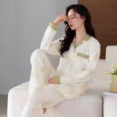 歌倩雅 开衫翻领甜美长袖长裤家居服睡衣套装 女款 图色