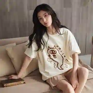 歌倩雅 短袖薄款可外穿圆领睡衣套装 女款 米白色