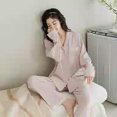 歌倩雅 简约单排扣休闲长袖上衣松紧腰直筒长裤睡衣套装 女款 粉色