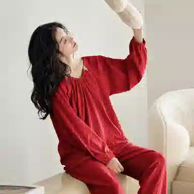 歌倩雅 休闲纯色圆领套头长袖上衣松紧腰长裤睡衣套装 女款 大红色
