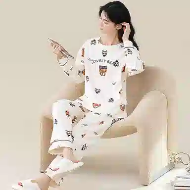 歌倩雅 纯棉长袖长裤休闲可外穿家居服睡衣套装 女 白色