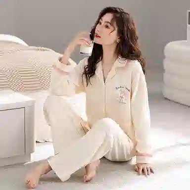 歌倩雅 简约休闲翻领开衫长袖长裤可外穿睡衣套装 女款 杏色