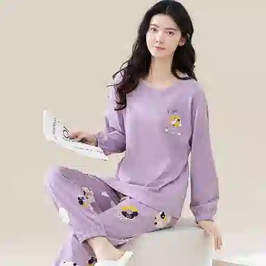 歌倩雅 纯棉长袖休闲宽松大码春秋季睡衣套装 女 图片色