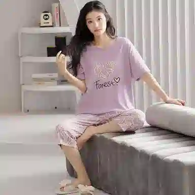 歌倩雅 亲肤舒适透气休闲短袖七分裤家居服睡衣套装 女款 紫色