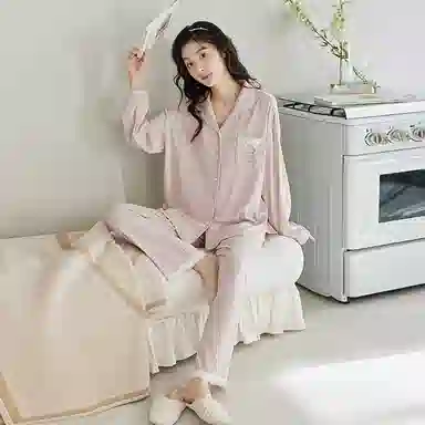 歌倩雅 简约单排扣休闲长袖上衣松紧腰直筒长裤睡衣套装 女款 粉色