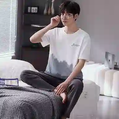 歌倩雅 撞色字母印花圆领上衣纯色透气裤子睡衣套装 男款 白色