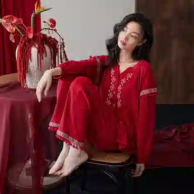 歌倩雅 秋季中式国风印花本命年家居睡衣礼盒 女款 红色