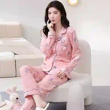 歌倩雅 翻领简约舒适爱心长袖上衣松紧腰长裤睡衣套装 女款 粉色