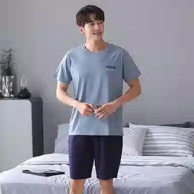 歌倩雅 简约纯棉圆领套头短袖松紧腰五分裤睡衣套装 男款 图色