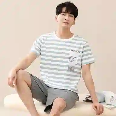 歌倩雅 短袖圆领套头舒适亲肤柔软睡衣套装 男款 浅蓝