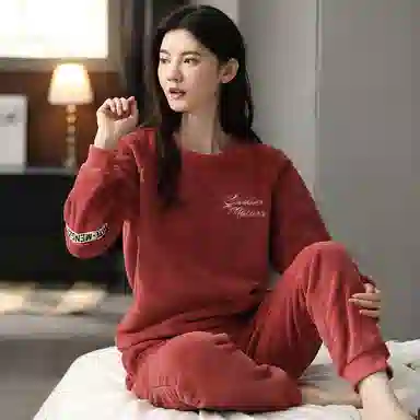 歌倩雅 圆领简约舒适长袖上衣松紧腰长裤睡衣套装 女款 砖红色