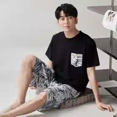 歌倩雅 圆领宽松上衣松紧腰短裤睡衣套装 男款 黑色