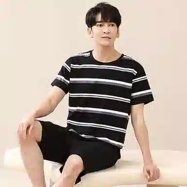 歌倩雅 简约亲肤舒适条纹短圆领套头袖休闲可外穿五分裤睡衣套装 男款 黑色