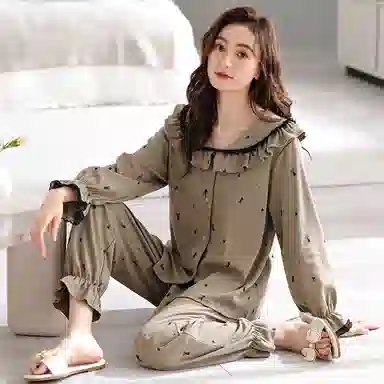歌倩雅 慵懒风韩版长袖舒适简约长裤睡衣套装 女款 卡其色