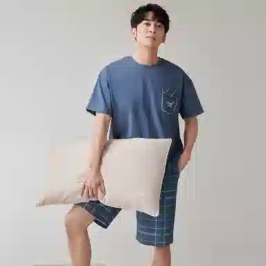 歌倩雅 纯色圆领短袖上衣格子松紧腰短裤睡衣套装 男款 蓝色