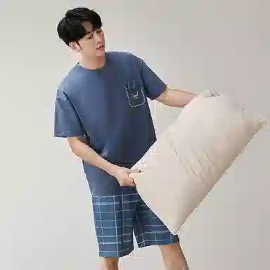 歌倩雅 纯色圆领短袖上衣格子松紧腰短裤睡衣套装 男款 蓝色