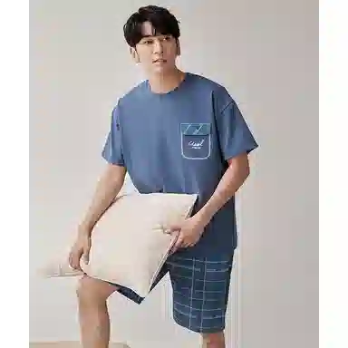 歌倩雅 纯色圆领短袖上衣格子松紧腰短裤睡衣套装 男款 蓝色