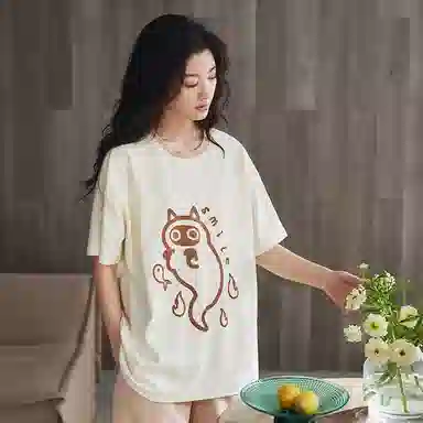 歌倩雅 短袖薄款可外穿圆领睡衣套装 女款 米白色