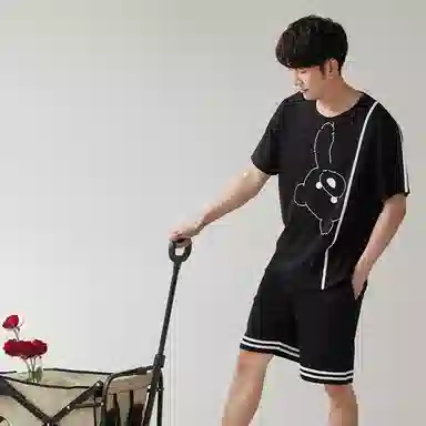 歌倩雅 圆领套头卡通动漫透气直筒微弹睡衣套装 男款 黑色
