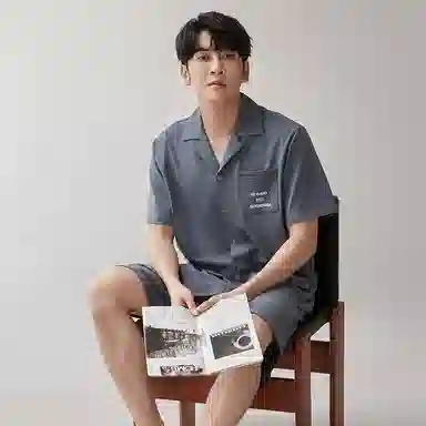 歌倩雅 纯色休闲短袖翻领上衣松紧腰短裤睡衣套装 男款 灰色