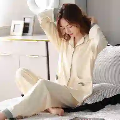 歌倩雅 纯棉长袖开衫立体小花睡衣套装 女款 杏色