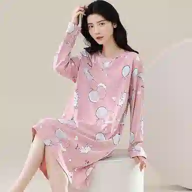 歌倩雅 纯棉长袖简约卡通可爱高级睡裙 女款 粉色